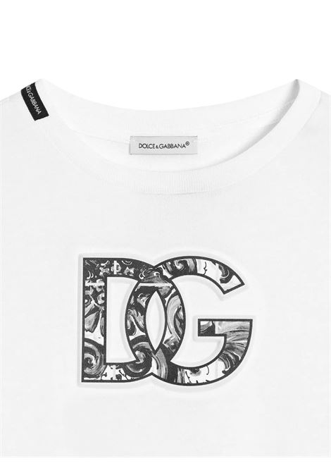 White T-Shirt with DG Maiolica Print DOLCE & GABBANA KIDS | L4JTHV-G7NVCS9000